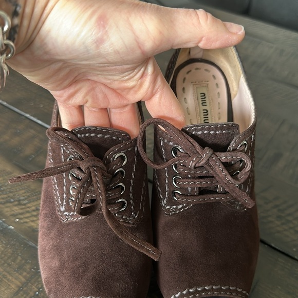 Miu Miu Dark Brown Size 5 Suede Peep Toe Wedge Bootie Shoes Lace Up Heels Luxury - Picture 8 of 16